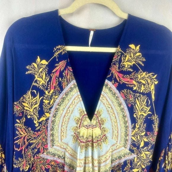 Free People Sunset Dreams Blouse Women XS Blue Flare Ruffle Sleeves Floral Boho - Picture 3 of 11